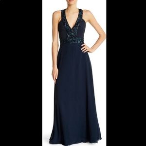 NWT Dress The Population Delani Navy Sequin Detail Crepe Maxi Gown